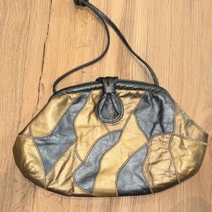 Vintage Chic Gray and Gold Women's leather Shoulder Bag with clasp made in USA